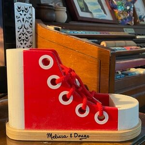 Melissa & Doug Red and White Wooden Lace-Up Shoe Toy